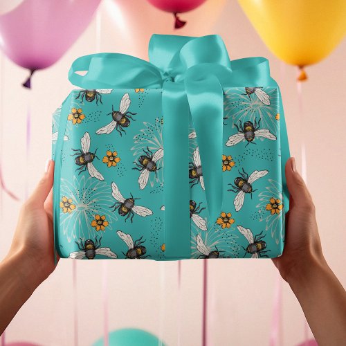 Trendy Turquoise Buzzing Spring  Summer Honeybee  Wrapping Paper