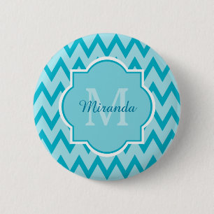 Trendy Turquoise Chevron Zigzag Name and Monogram Button