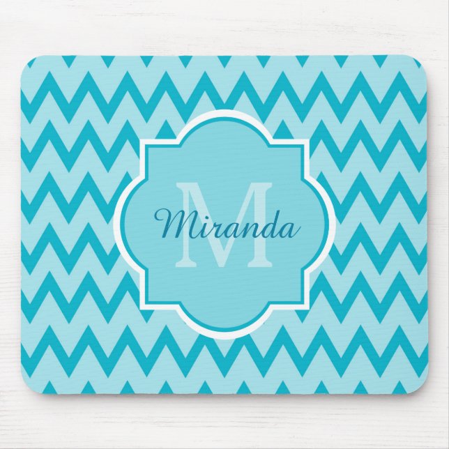 Trendy Turquoise Chevron Zigzag Name and Monogram Mouse Pad (Front)