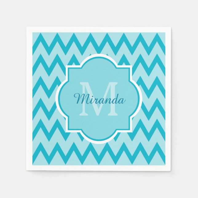 Trendy Turquoise Chevron Zigzag Name and Monogram Paper Napkins (Front)