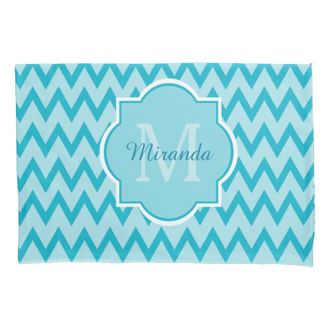 Trendy Turquoise Chevron Zigzag Name and Monogram Pillowcase (Front)