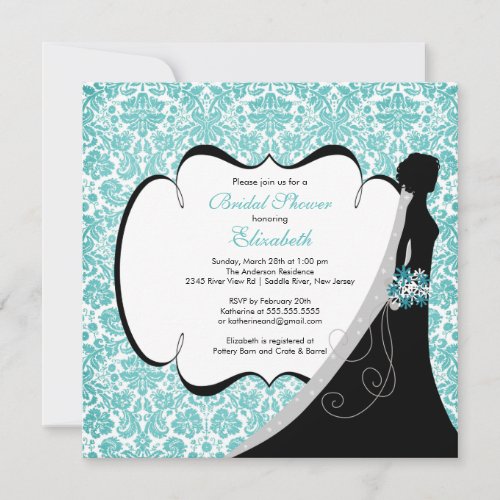 Trendy Turquoise Damask Bride Bridal Shower Invite