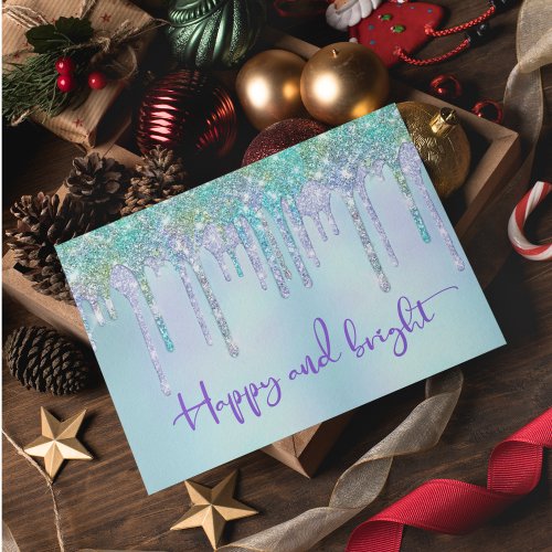 Trendy Turquoise Glitter Drips Graphic Christmas Card