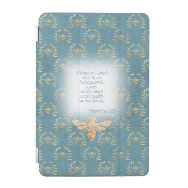 Trendy Turquoise Gold Bee Wreath Grid Scripture  iPad Mini Cover (Front)