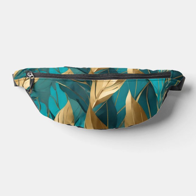 Trendy Turquoise Gold Boho Leaves Collection Fanny Pack (Lay Down)