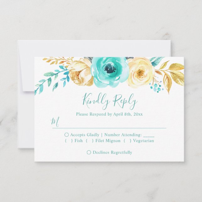 Trendy Turquoise Gold Floral Wedding RSVP Reply (Front)