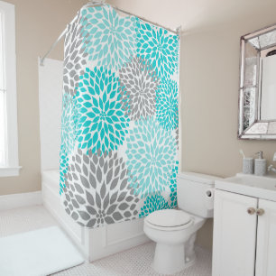 Trendy Turquoise Gray Floral bathroom decor Shower Curtain