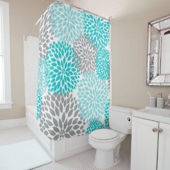 Trendy Turquoise Gray Floral Bathroom Decor Shower Curtain by lemontreecards at Zazzle
