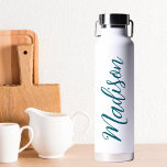 Trendy Turquoise Name Handwritten Script Custom Water Bottle<br><div class="desc">A cute personalized turquoise monogram water bottle for a girl or guy who loves simple,  handwritten gifts. Beautiful cursive script down the side of your bottle spelling out your name.</div>