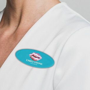 trendy turquoise & pink lips kiss Name Tag