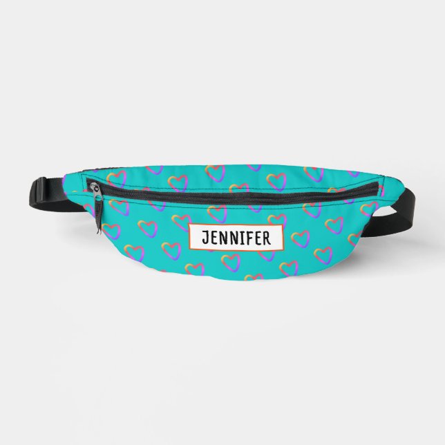 Trendy Turquoise Rainbow Heart Love Pattern Name Fanny Pack (Front)