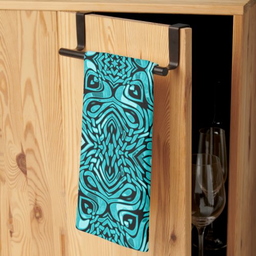 Trendy Turquoise Teal Blue Hip Bohemian Bali Art Kitchen Towel