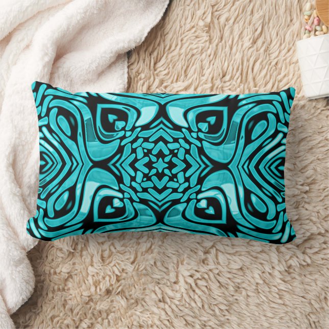 Trendy Turquoise Teal Blue Hip Bohemian Bali Art Lumbar Pillow (Blanket)