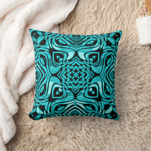 Trendy Turquoise Teal Blue Hip Bohemian Bali Art Throw Pillow