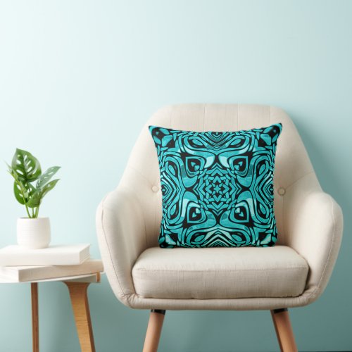 Trendy Turquoise Teal Blue Hip Bohemian Bali Art Throw Pillow