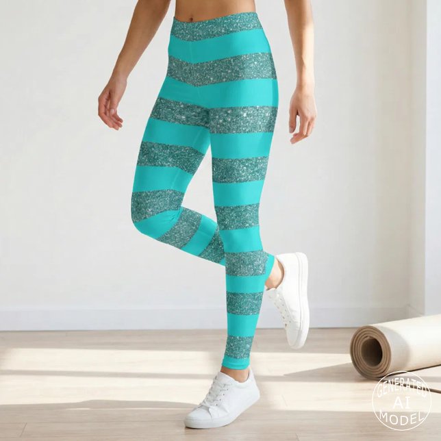 Trendy Turquoise Teal Faux Glitter Striped Glam Leggings (Creator Uploaded)