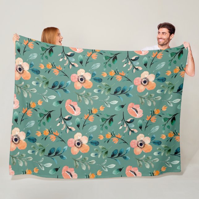 Trendy turquoise Wildflowers Boho pattern cute Fleece Blanket (In Situ)