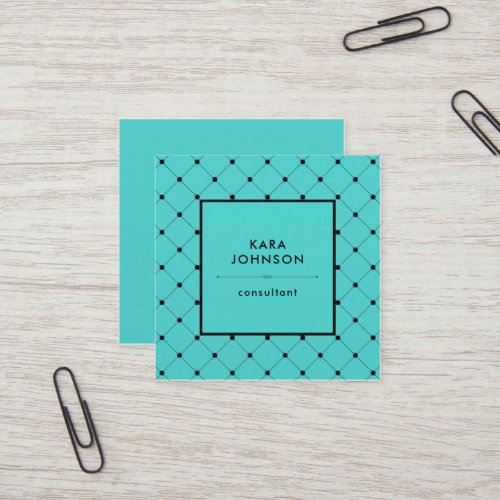 Trendy Turquoise with Chic Black Dots Pattern Square Business Card