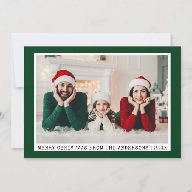 Trendy Typewriter Font Christmas Photo Green Holiday Card (Front)
