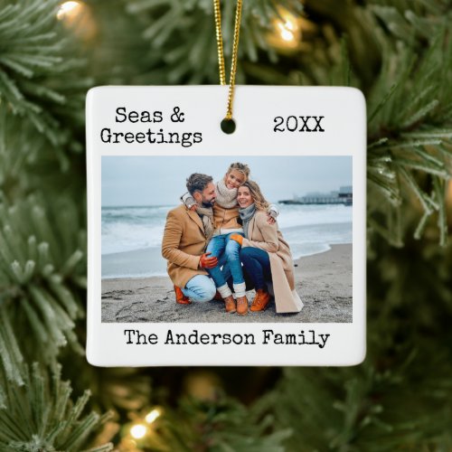 Trendy Typewriter Text Seas and Greetings Photo Ceramic Ornament