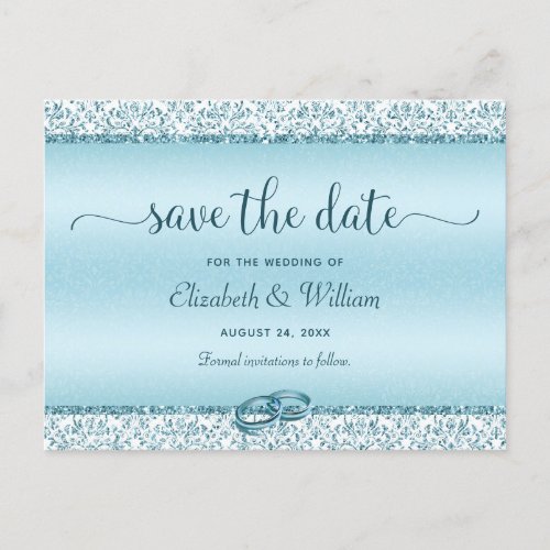 Trendy Typography Blue Wedding Save the Date Announcement Postcard