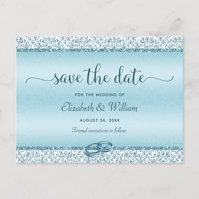 Trendy Typography Blue Wedding Save the Date Announcement Postcard (Front)