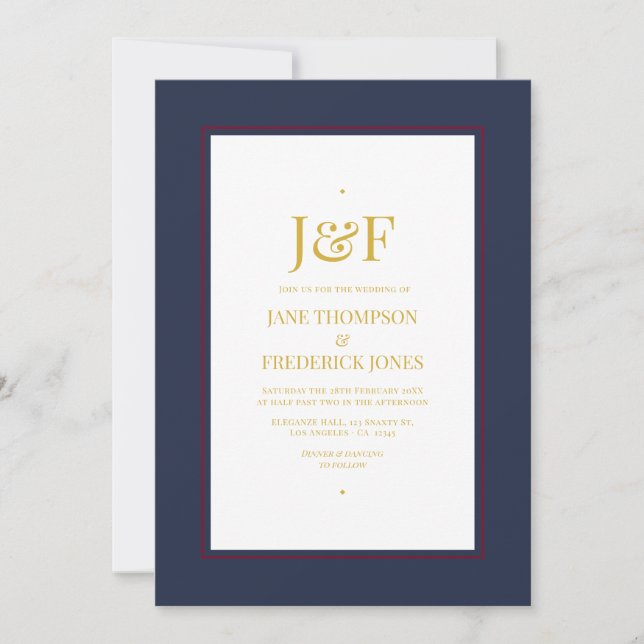 Trendy Typography Burgundy, Navy and Gold Wedding Invitation (Front)