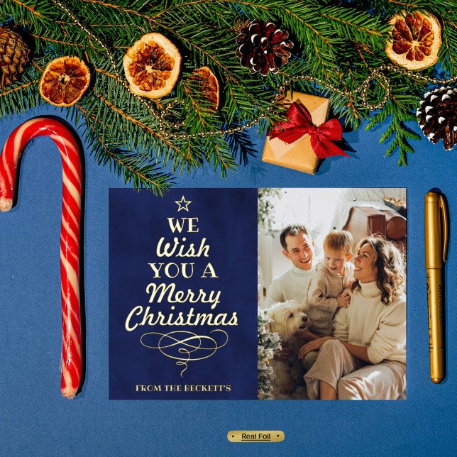 Trendy Typography Christmas Tree Photo Real Foil Holiday Card (Creator Uploaded)