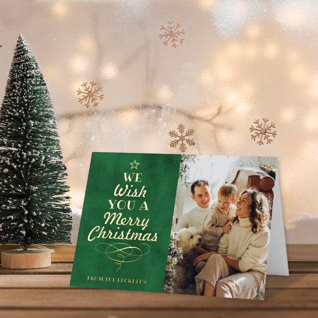 Trendy Typography Christmas Tree Photo Real Foil Holiday Card (Creator Uploaded)
