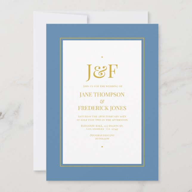 Trendy Typography Dusty Blue and Gold Wedding Invitation (Front)
