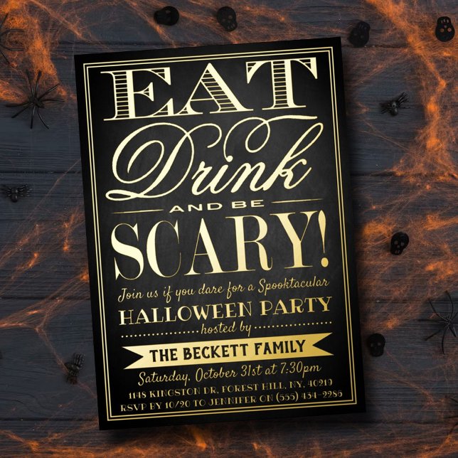 Trendy Typography Eat, Drink & Be Scary Halloween Foil Invitation (Creator Uploaded)