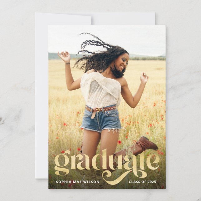 Trendy Typography Gold Overlay Photo Grad Party Invitation (Front)