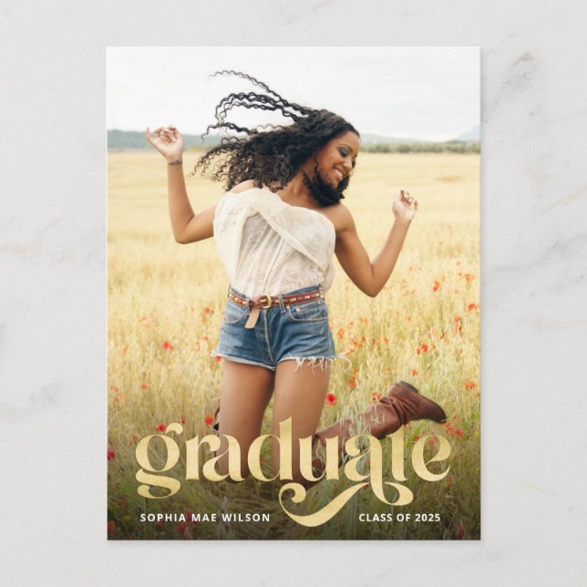 Trendy Typography Gold Overlay Photo Graduate Postcard (Front)