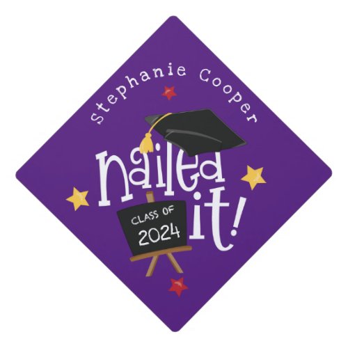 Trendy Typography Grad 2024 Nailed It Purple Graduation Cap Topper
