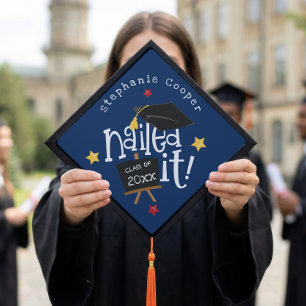 Trendy Typography Grad Nailed It Navy Graduation Cap Topper