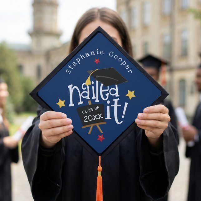 Trendy Typography Grad Nailed It Navy Graduation Cap Topper (Creator Uploaded)