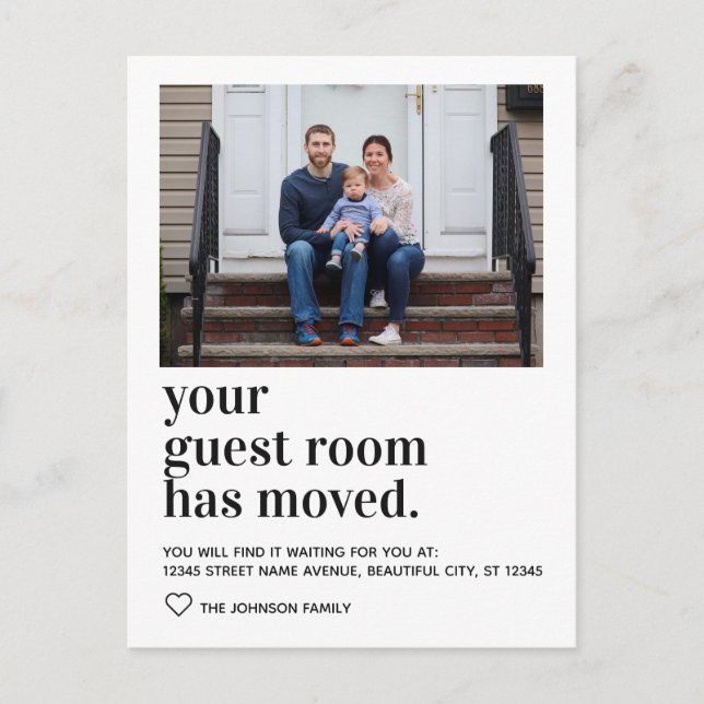 Trendy Typography Guest Room Moved Photo Moving Announcement Postcard (Front)