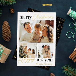 Trendy Typography Merry Christmas 3 Photo Real Foil Holiday Card