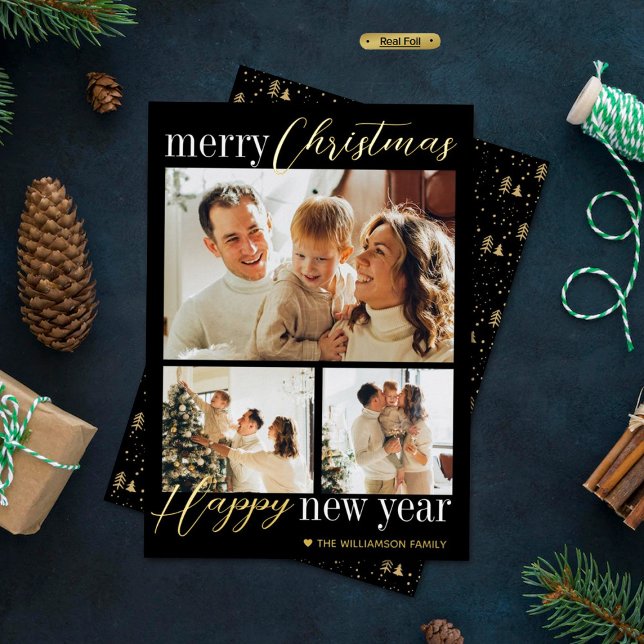 Trendy Typography Merry Christmas 3 Photo Real Foil Holiday Card (Creator Uploaded)