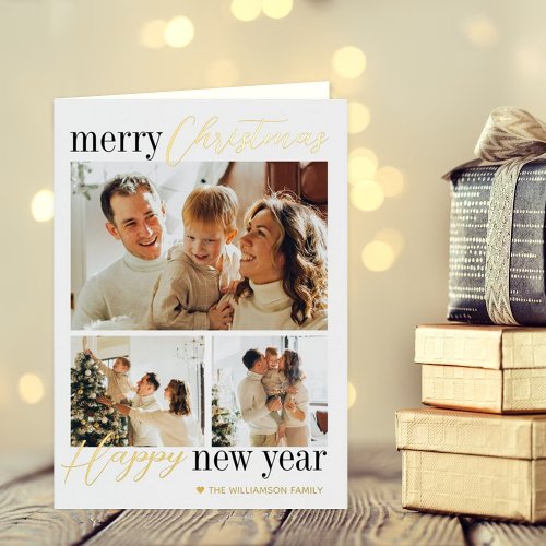 Trendy Typography Merry Christmas 3 Photo Real Foil Holiday Card