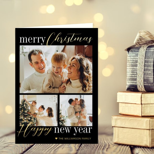 Trendy Typography Merry Christmas 3 Photo Real Foil Holiday Card (Creator Uploaded)