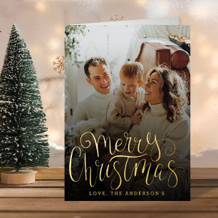Trendy Typography Merry Christmas Photo Real Foil Holiday Card