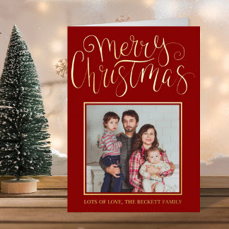 Trendy Typography "Merry Christmas" Photo Real Foil Holiday Card