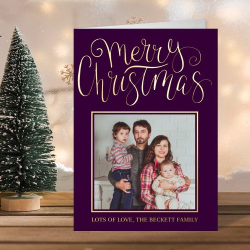 Trendy Typography Merry Christmas Photo Real Foil Holiday Card