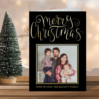 Trendy Typography "Merry Christmas" Photo Real Foil Holiday Card