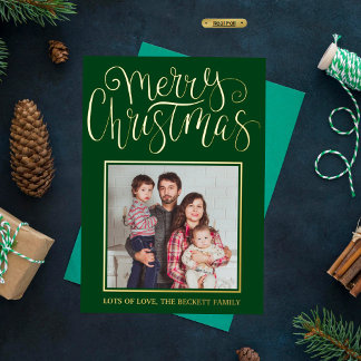 Trendy Typography "Merry Christmas" Photo Real Foil Holiday Card