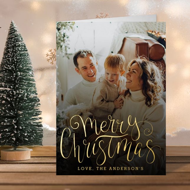 Trendy Typography Merry Christmas Photo Real Foil Holiday Card (Creator Uploaded)