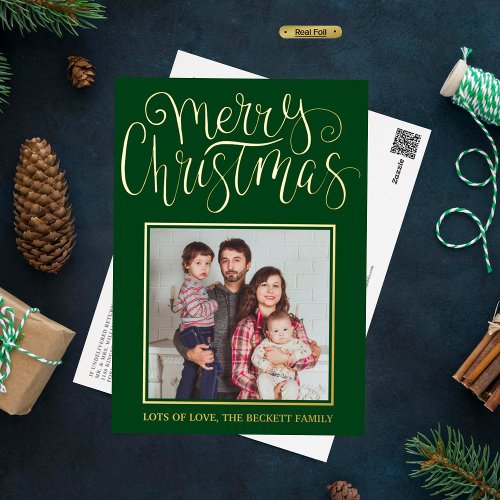 Trendy Typography Merry Christmas Photo Real Foil Holiday Postcard