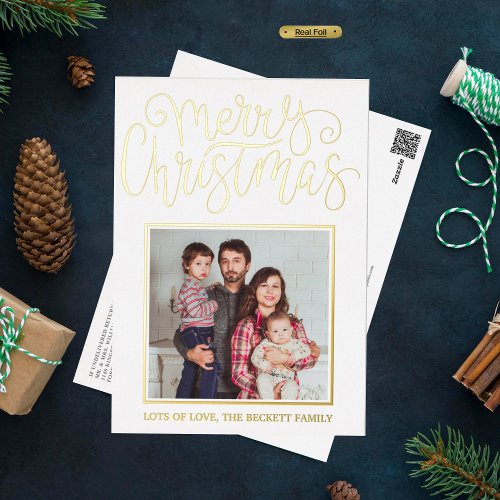 Trendy Typography Merry Christmas Photo Real Foil Holiday Postcard