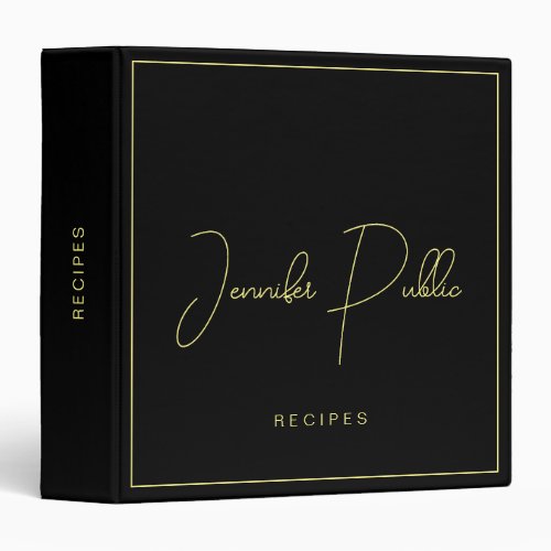 Trendy Typography Name Cookbook Black Gold Recipe 3 Ring Binder